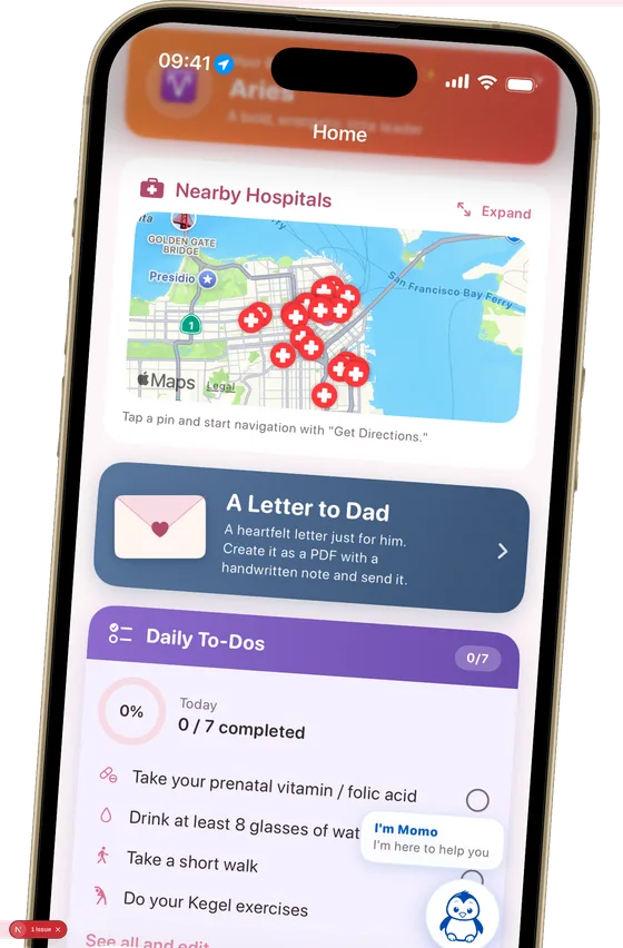 The Momly daily screen with to-dos, reminders and nearby hospitals