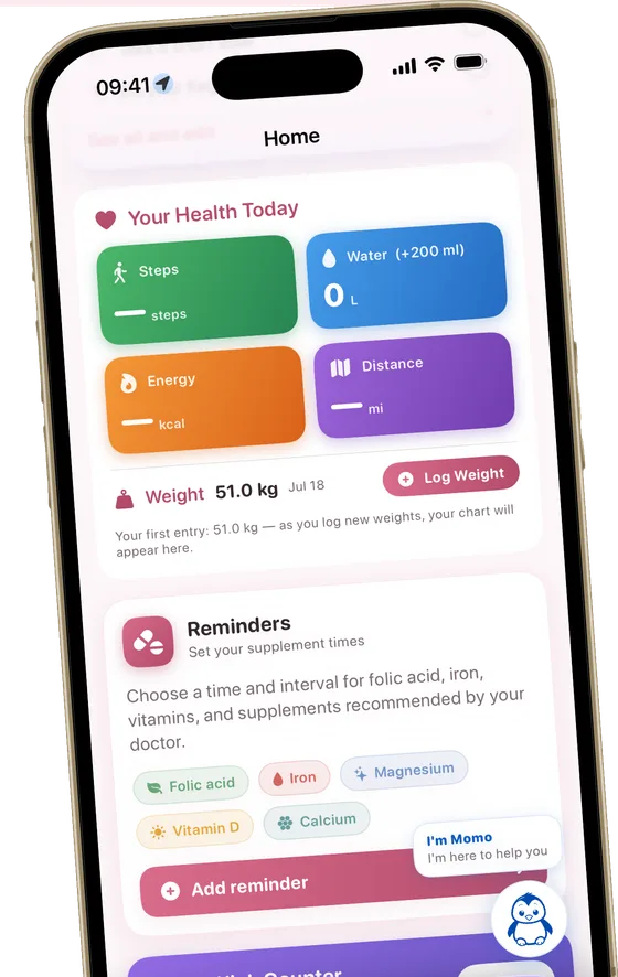 The Momly health screen with weight chart, symptom summary and mood tracking — personal data that stays on the device