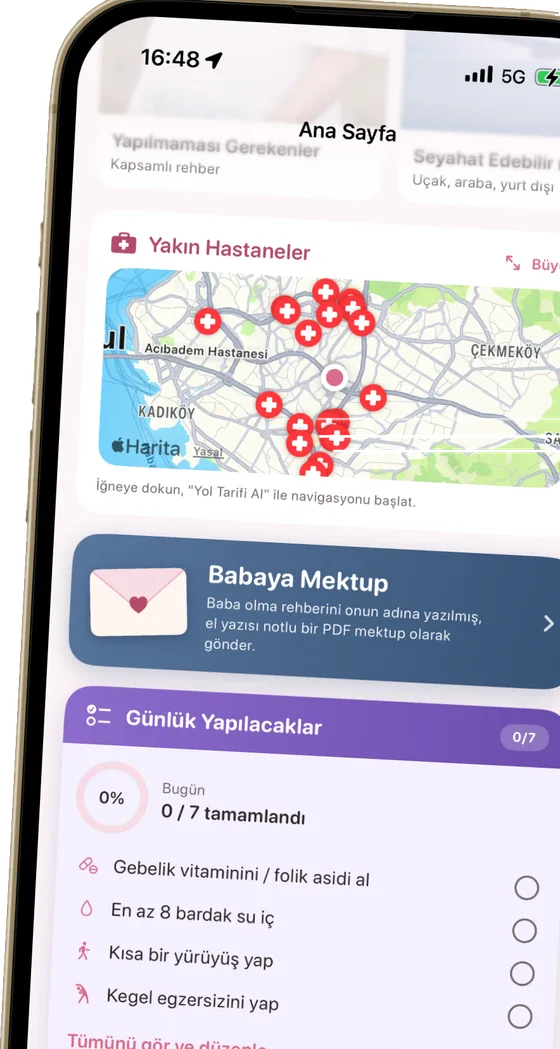 Momly günlük ekranı: yapılacaklar, hatırlatıcılar ve yakın hastaneler